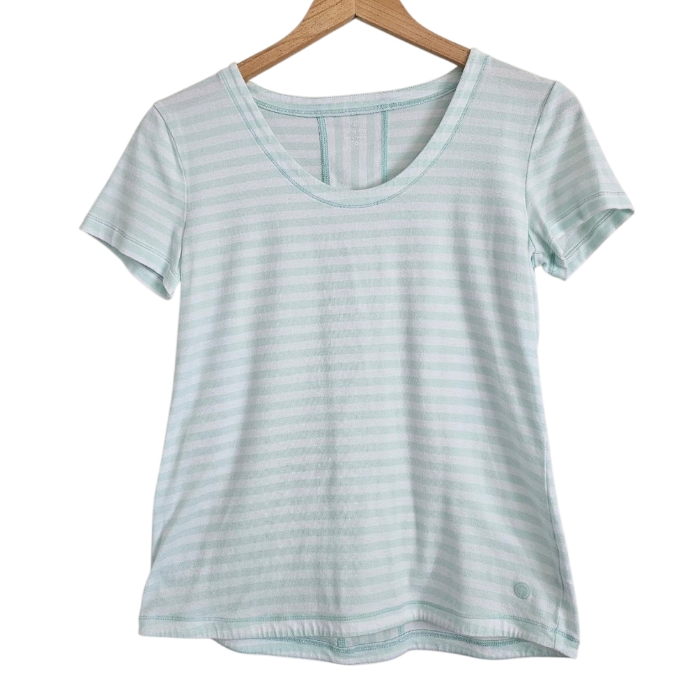 T By Talbots Blue Ice/White Stripe Scoop Neck Tee, Size S Petite